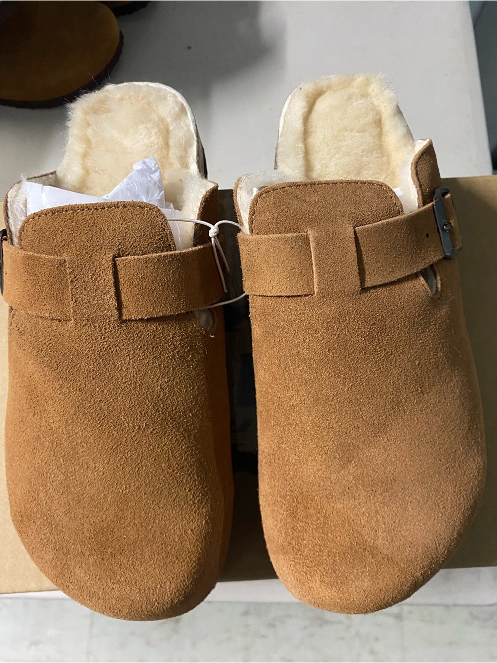 Nina Tan Suede Shearling-Lined Slip-On Mule Clogs